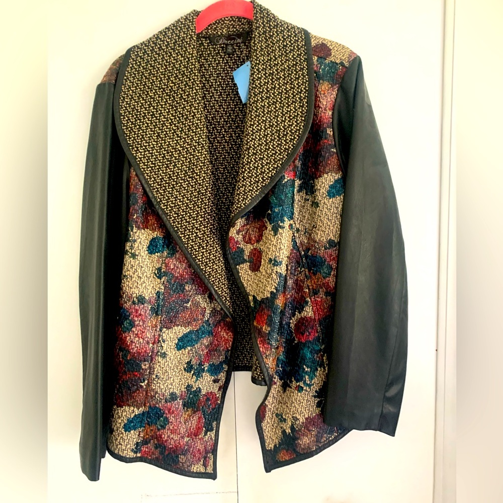 Chico's Floral Bouclé Jacket with Black Leather Sleeves